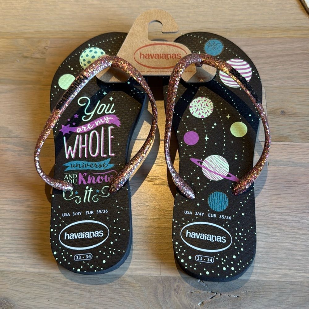 Girls Havaianas Flip Flops Sandals NWT You Are My Universe 🪐 Glitter Size 3/4Y